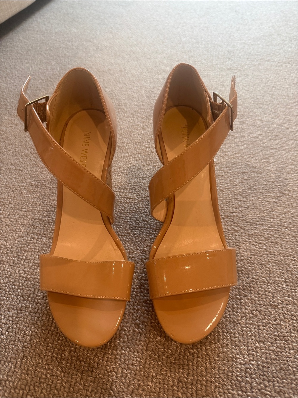 Nine West Taupe Patent Crisscross Block Heel Sandals
